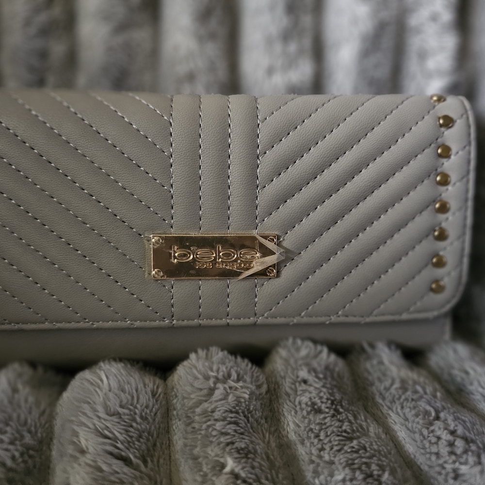 Bebe Gray Quilted Wallet with Gold Studs